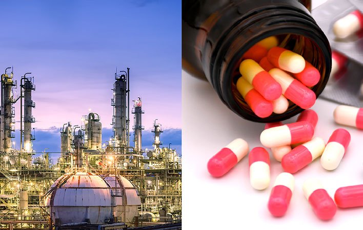 pharmaceutical pills and petrochemical plants